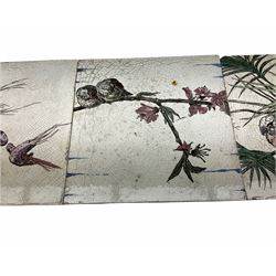 Three Brown Westhead & Moore eight inch dust pressed tiles each printed with a different transfer print on a white ground together with three six inch dust pressed tiles with moulded floral decoration. 