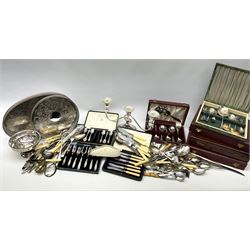 Group of metalware, to include silver plated three branch candelabra, two silver plated trays, and a large quantity of assorted flatware, mostly silver plated and boxed/cased, including fish eaters, dessert forks and spoons, etc.  