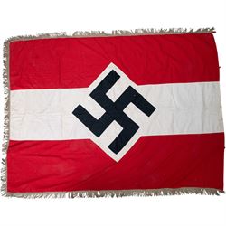 WWII German Third Reich Hitler Youth flag, with central swastika and later silver tress added to the edge