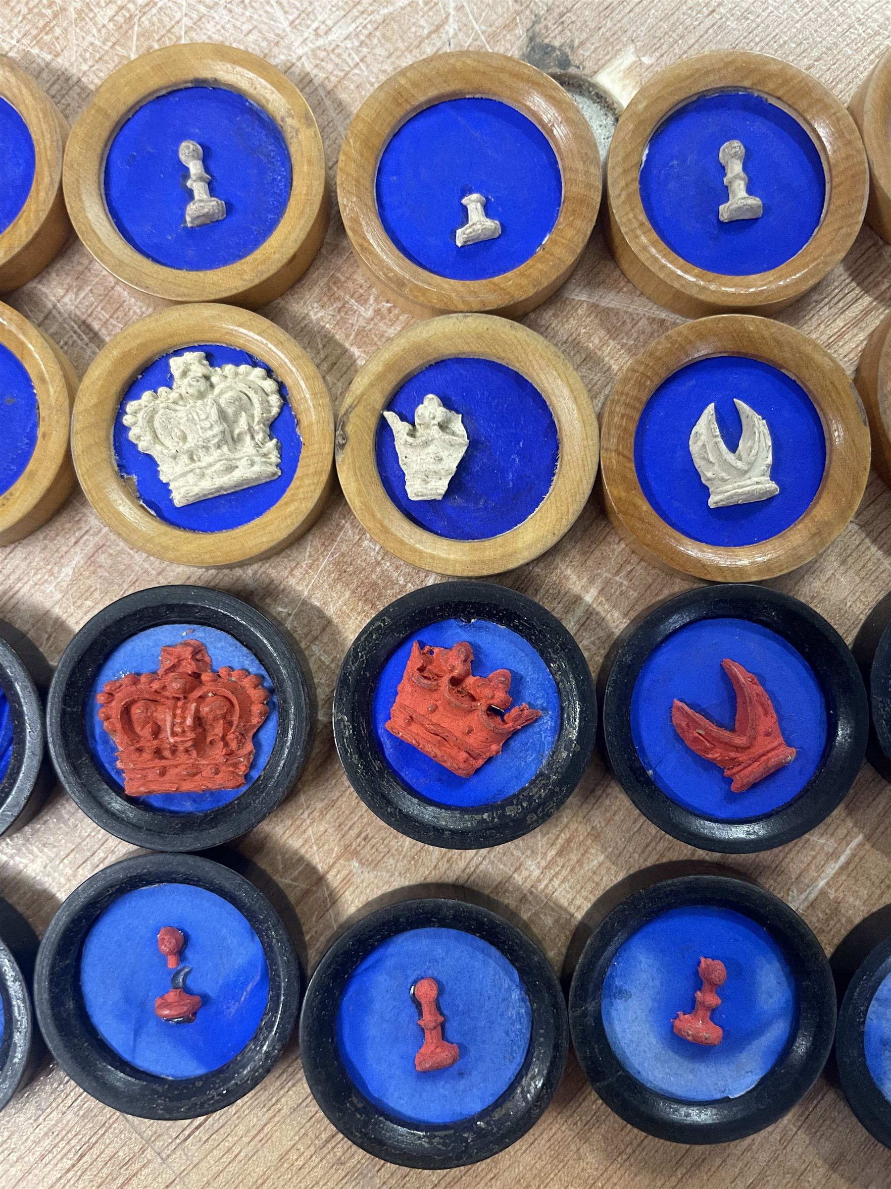 Jaques of London portable B.C.D. board for Backgammon, Chess and Draughts, the inner tube containing thirty two counters and two dice, outer red leather case