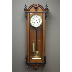  Late 20th century walnut and ebonised cased Vienna style wall clock, twin train movement striking on coil, H110cm  