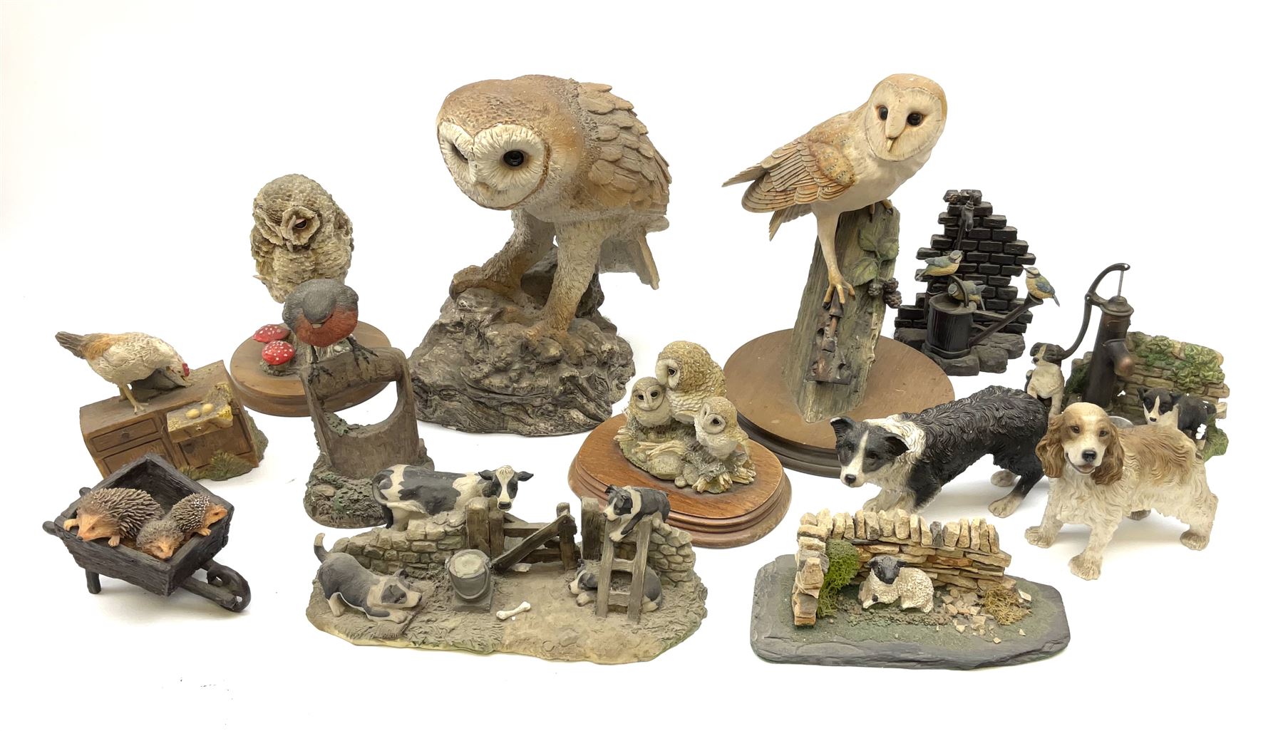 Leonardo Collection figures to include Spaniel, Border Collie, 'Nature Studies' and 'Farmyard Friends', a collection of figures including three owls a robin and a selection of farmyard scenes  