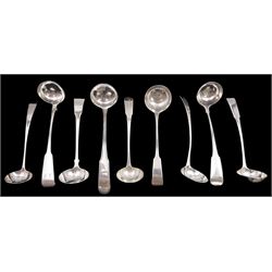 Nine George III Scottish silver toddy ladles, including a Fiddle pattern example with engraved stag crest to terminal, hallmarked Alexander Edmonstoun III, Edinburgh 1812 and a Fiddle pattern example, hallmarked John Scott, Glasgow 1820