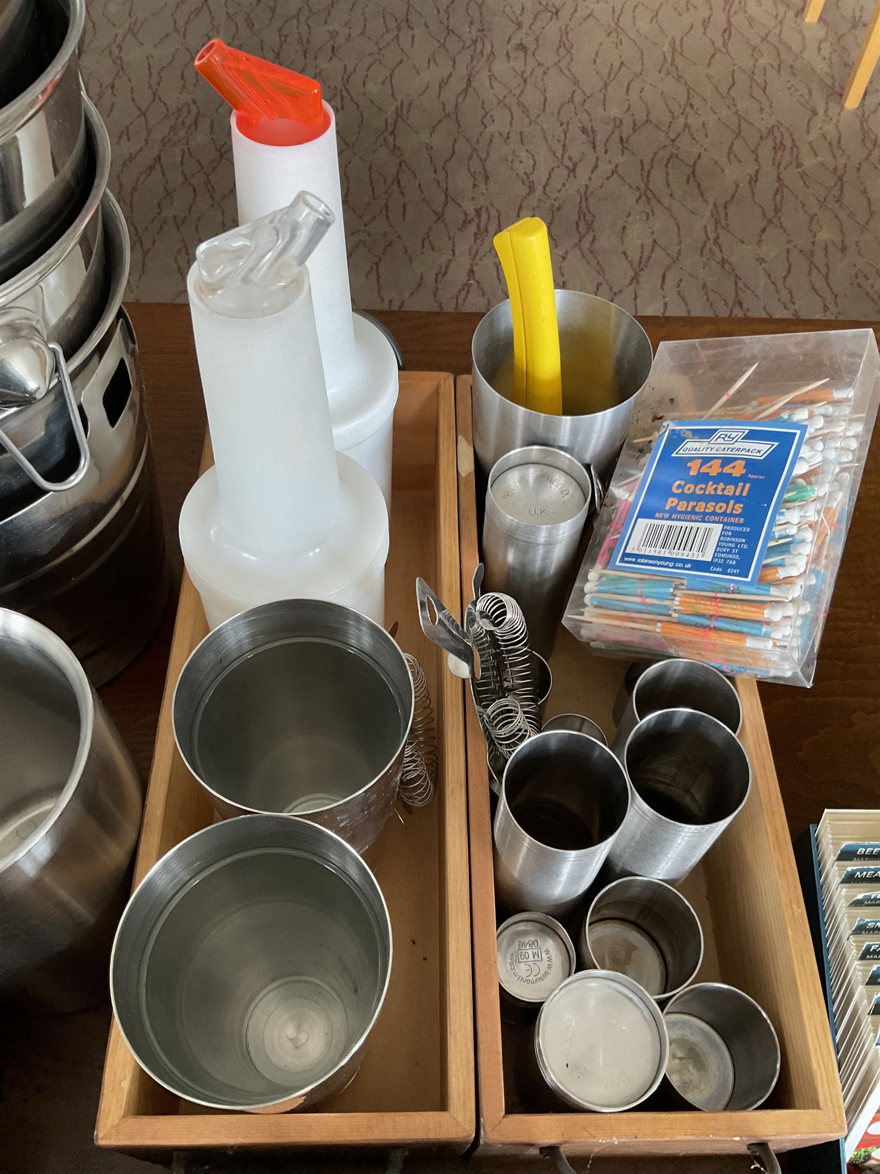 Stainless steel bar buckets, measuring cups, shaker, white sulphite bags, takeaway bags, bamboo shot paddles etc- LOT SUBJECT TO VAT ON THE HAMMER PRICE - To be collected by appointment from The Ambassador Hotel, 36-38 Esplanade, Scarborough YO11 2AY. ALL GOODS MUST BE REMOVED BY WEDNESDAY 15TH JUNE.