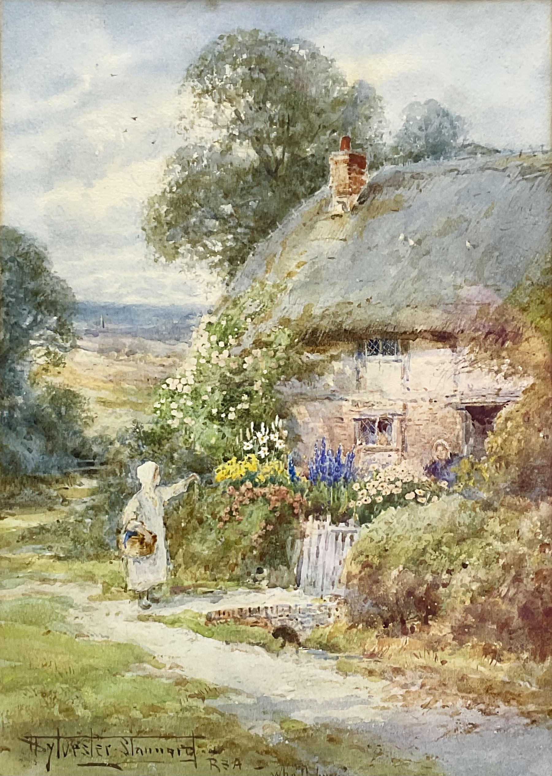 Henry John Sylvester Stannard (British 1870-1951): 'Who'll Buy?' Gypsy Girl at a Thatched Cottage Gate, watercolour signed and titled 24cm x 17cm