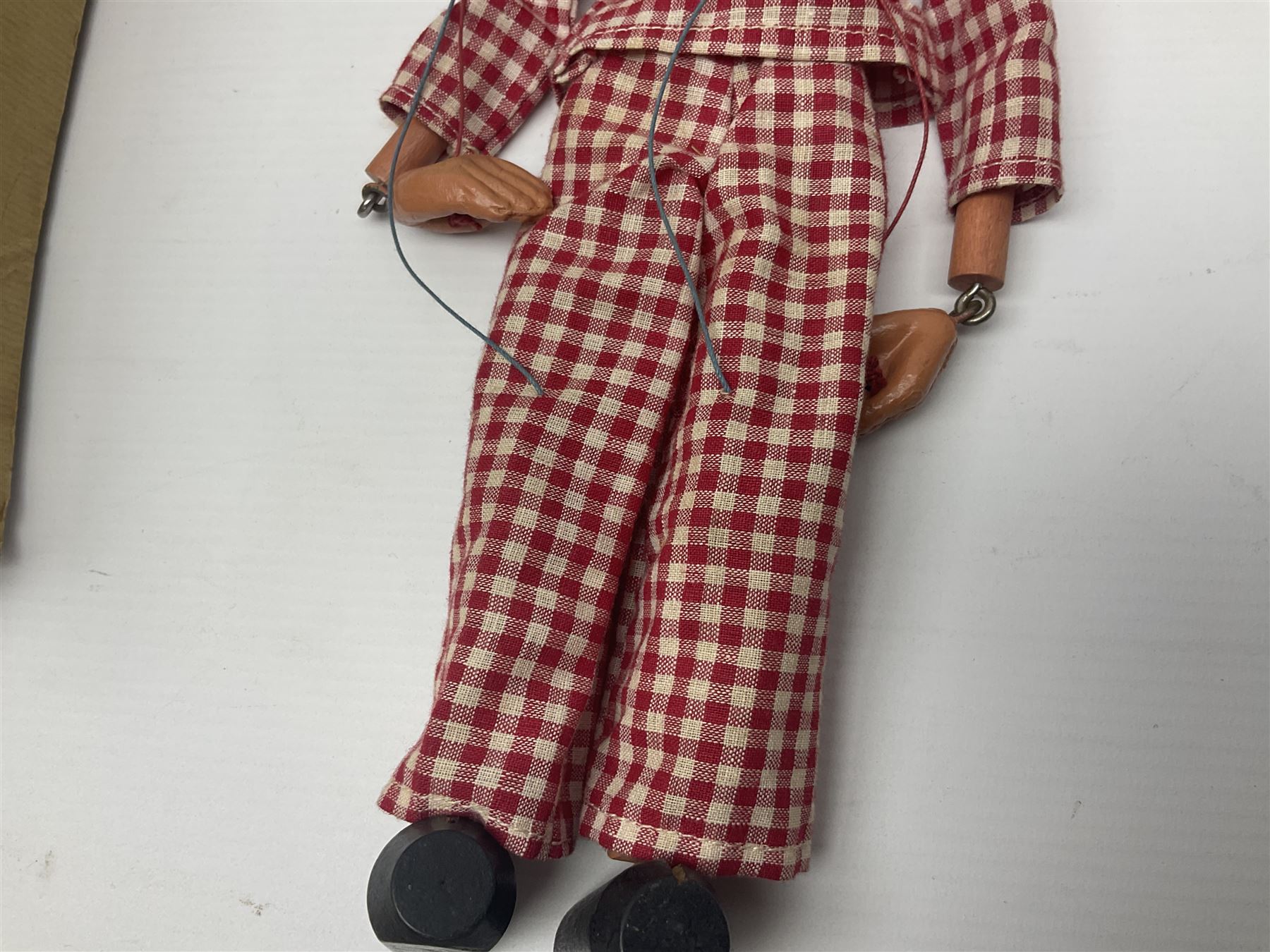 Pelham Puppet - a rare type SM Harlequin circa 1950s with painted black face mask, black felt hat, green ruff and red white chequered suit, H31cm; in original box with instructions 