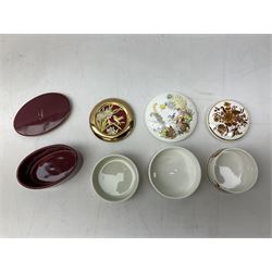 Two Crummles enamel trinket boxes to include William Wordsworth example and a larger example decorated with roses and other flowers, boxed Royal Worcester Golden Jubilee box, two Aynsley boxes, Dresden box, Hammersley and Aynsley examples decorated with birds etc