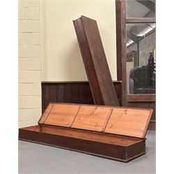 Pair of stained pine long boxes, early 20th century, with hinged lids and moulded base, one with wrought iron carry handle to each end. L203cm, D48cm, D20cm.  - COLLECTION BY APPOINTMENT FROM: The White House, Thirsk Road, Easingwold, York, YO61 3NF - CALL 01723 507111 TO ARRANGE
