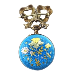 Swiss early 20th century blue guilloche enamel ladies pocket watch, the reverse decorated with flower motif with bow brooch set with seed pearls