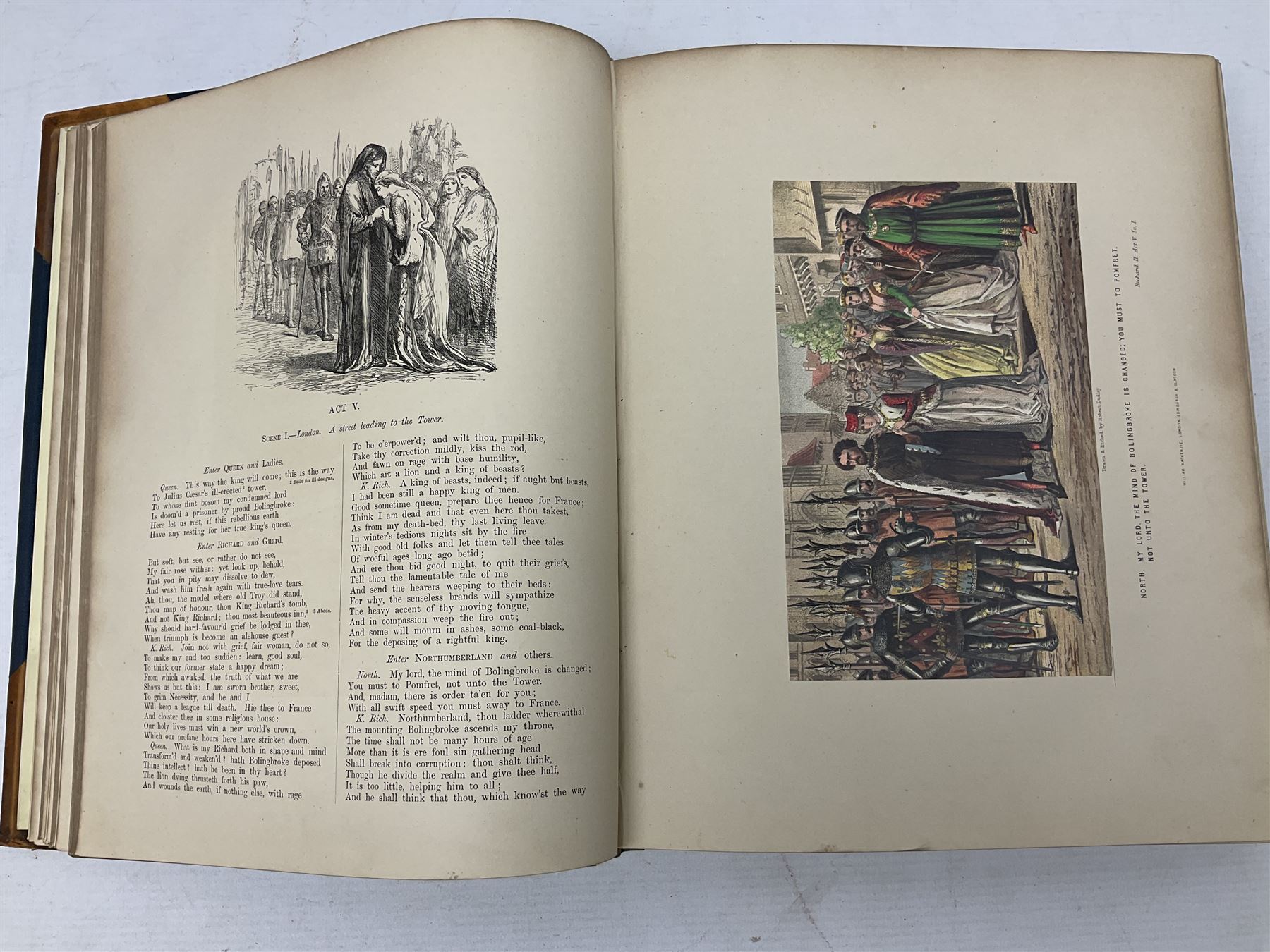 The Library Shakspeare Illustrated by Sir John Gilbert, George Cruikshank and R. Dudley with laid-in colour plates, three volumes, uniformly bound in half leather with a.e.g.