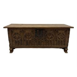18th century and later beech and oak blanket chest, the front carved with Gothic arches and rayonnants, on arched sledge feet