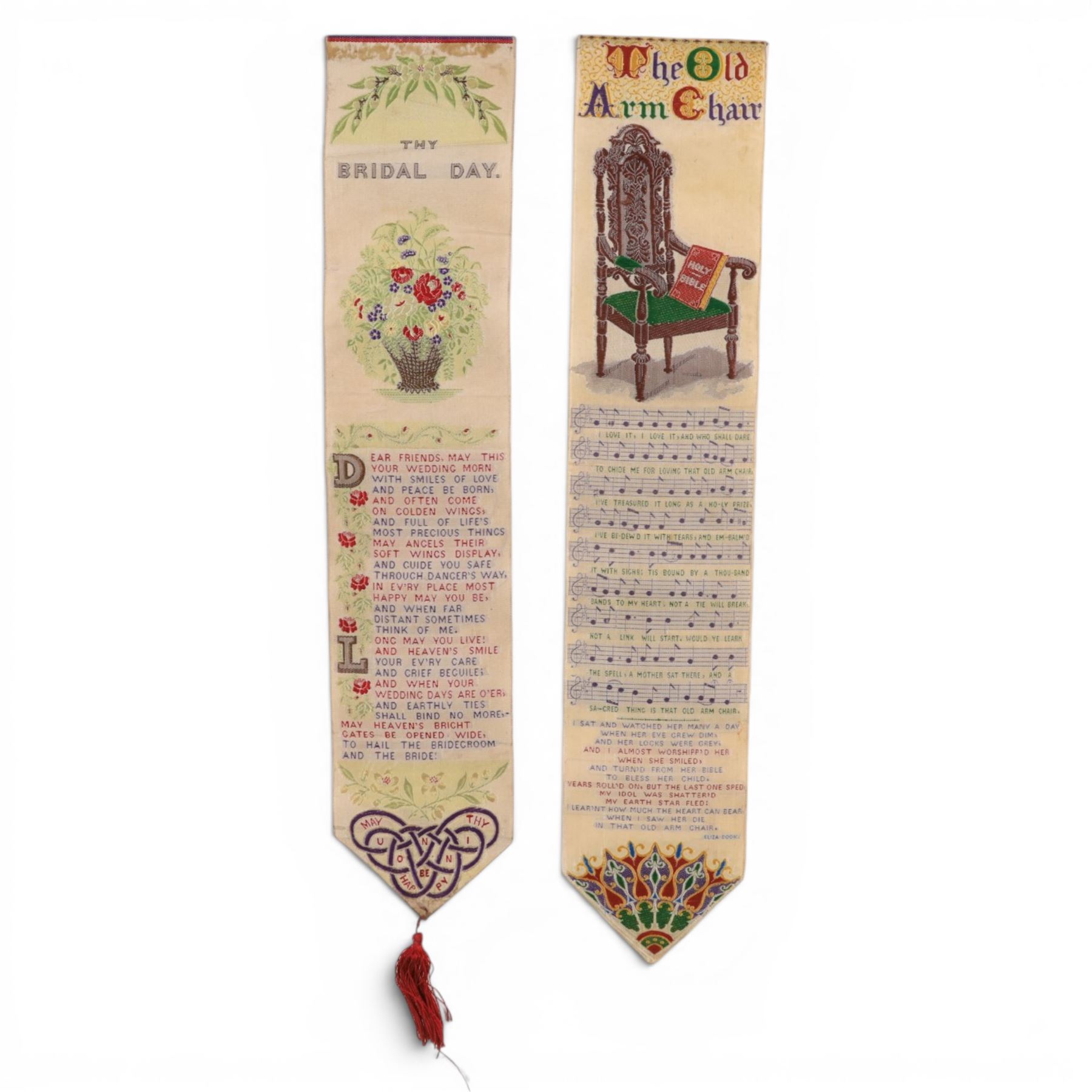 Two Victorian Stevengraph bookmarks, The Old Armchair and Thy Bridal Day 