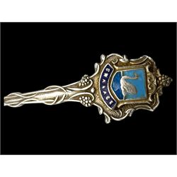 Three silver decanter labels and a collection of silver and silver plated cutlery