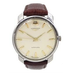 Longines gentleman's stainless steel automatic wristwatch, with date aperture at 12 o'clock, Ref. 7232 1, Cal. 341, on brown leather strap 
