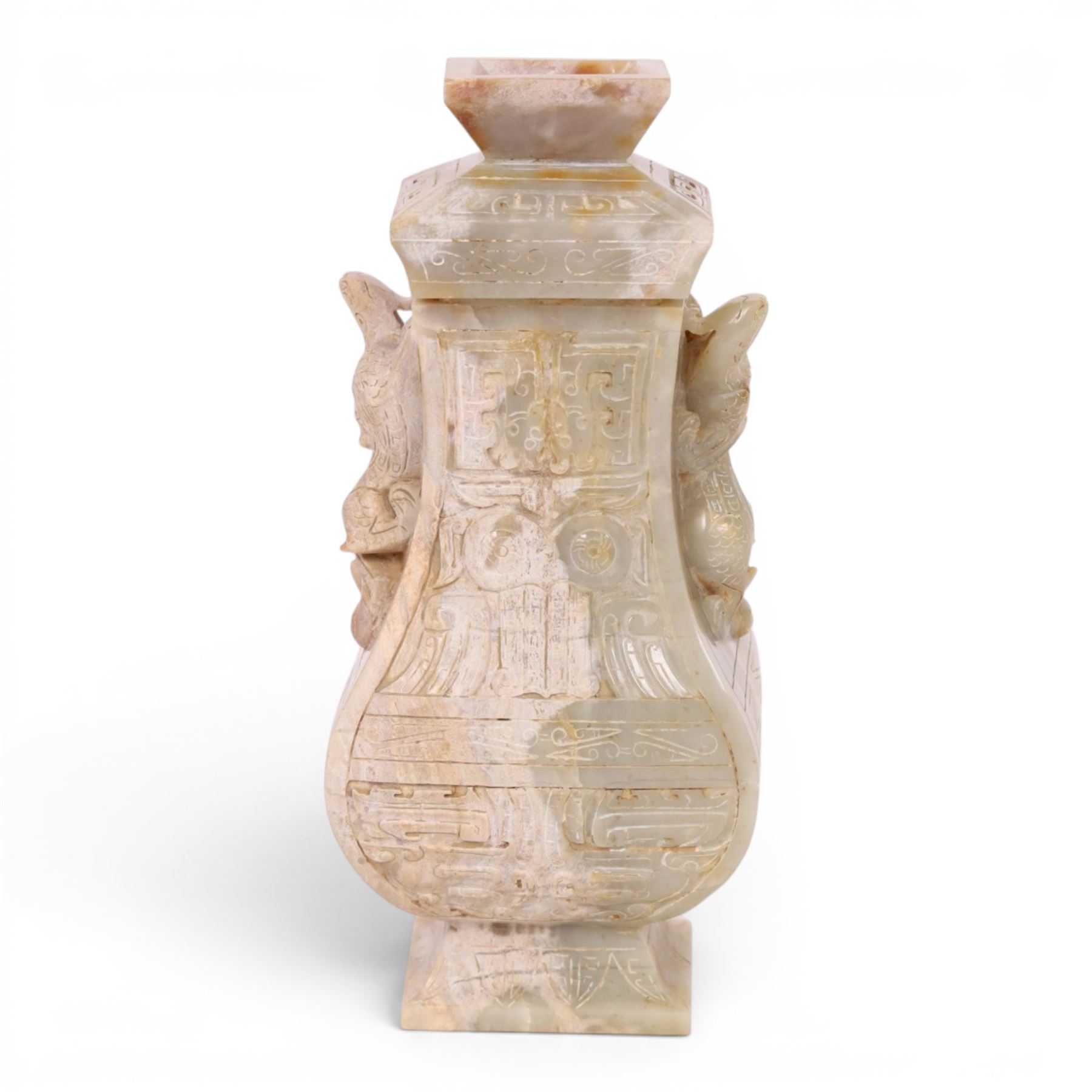 Chinese hardstone vase and cover, with lizard handles and decorated in relief, H23cm