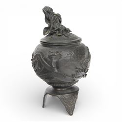 Pair of Japanese bronze koro, raised upon three feet, he body of the koro decorated with figures and animals, the cover mounted with figures, H24cm