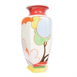 Wedgwood Bizarre by Clarice Cliff, large  hexagonal vase, Blue Autumn, hand painted based upon an original, limited edition 22/100, with certificate and box, H50cm 