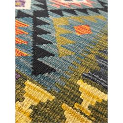 Afghan Maimana Kilim flatweave rug, teal ground with a vibrant multicoloured diamond lattice, framed by stylised border motifs and finished with fringed edges