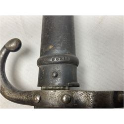 French Model 1874 Epee bayonet marked Oulle 1876 in associated scabbard; Model 1866 sabre bayonet in cut-down sword scabbard; and Model 1842/59 sabre bayonet in relic condition (3)
