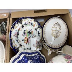 Collection of Victorian and later ceramics to include pair of Staffordshire style dogs, Copeland Spode blue and white with blue stamped marks, Minton majolica horse chestnut leaf plate, Minton ironstone plate, Wedgwood Freya Blue W1216 plate, Maling lustre etc in three boxes