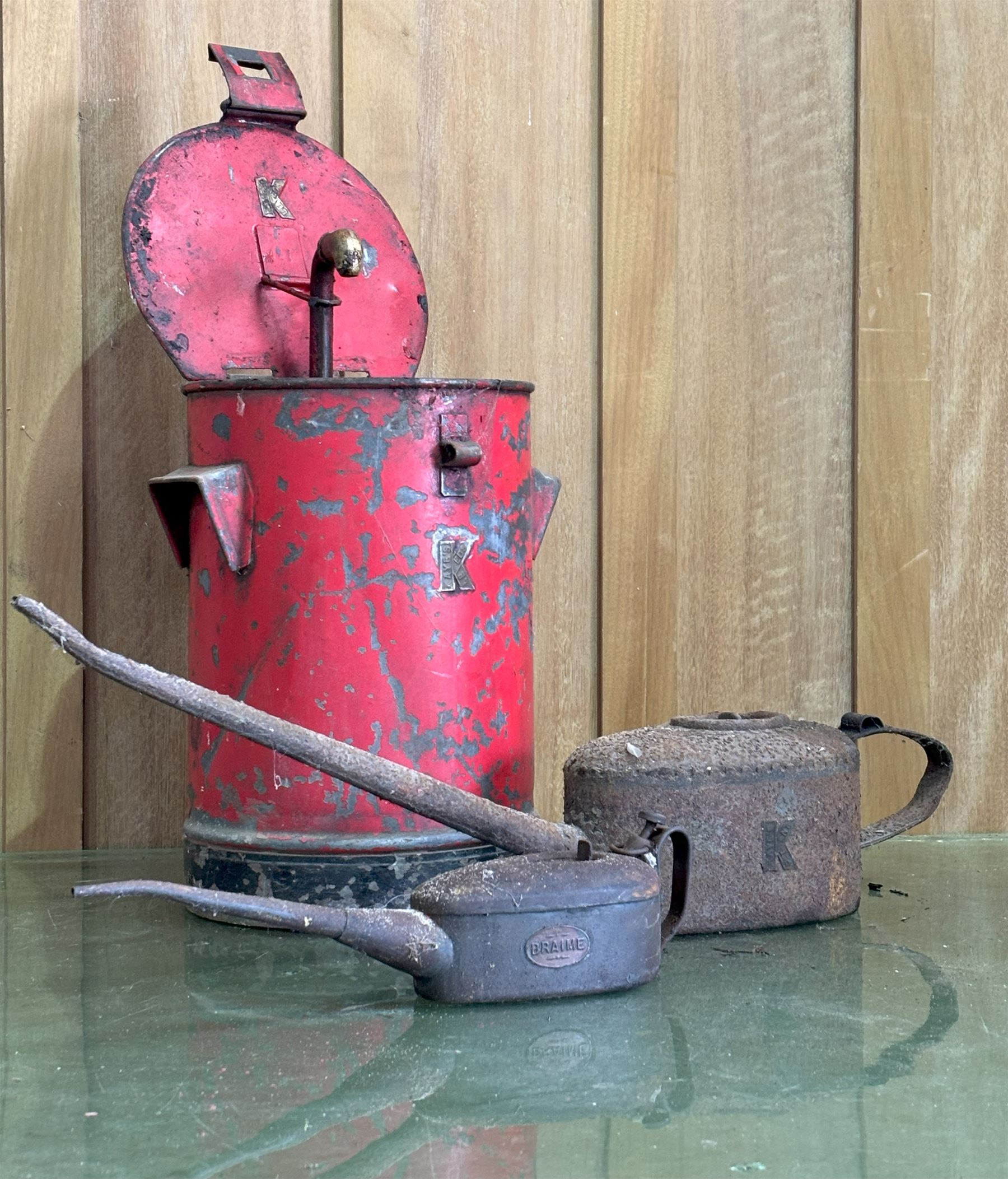 Large Kayes patent oil can (L59cm), together with a Braime oil can, and a large Kayes patent oil filter cleaner (3)  - COLLECTION BY APPOINTMENT FROM: The White House, Thirsk Road, Easingwold, York, YO61 3NF - CALL 01723 507111 TO ARRANGE