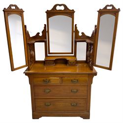 Edwardian satin walnut dressing chest, raised triple swing mirror back with trinket drawers, two short and two long drawers
