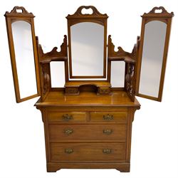  Edwardian satin walnut dressing chest, raised triple swing mirror back with trinket drawers, two short and two long drawers