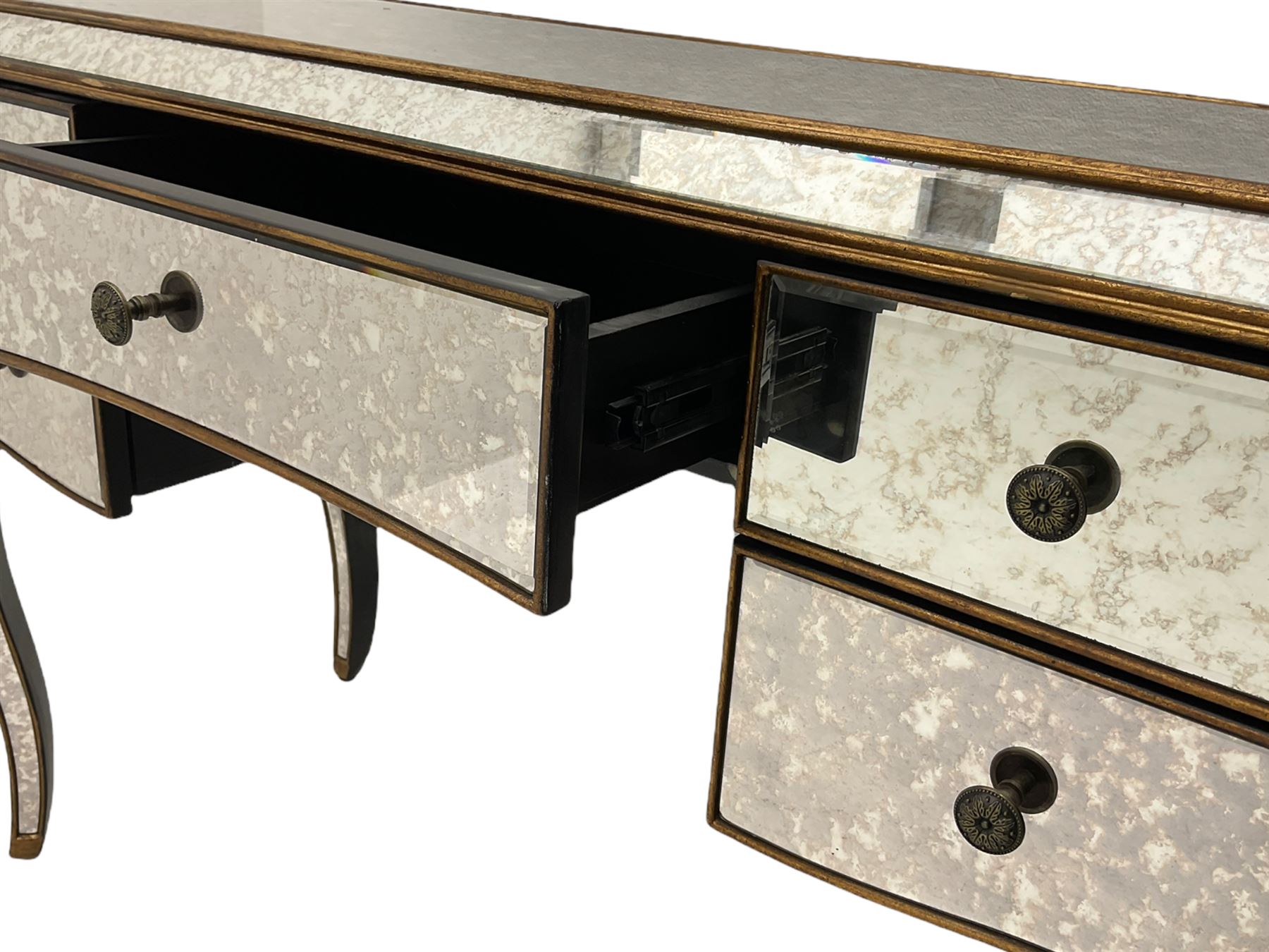 Contemporary mirrored dressing table, bevelled and antique style plates, fitted with five drawers, on cabriole supports 