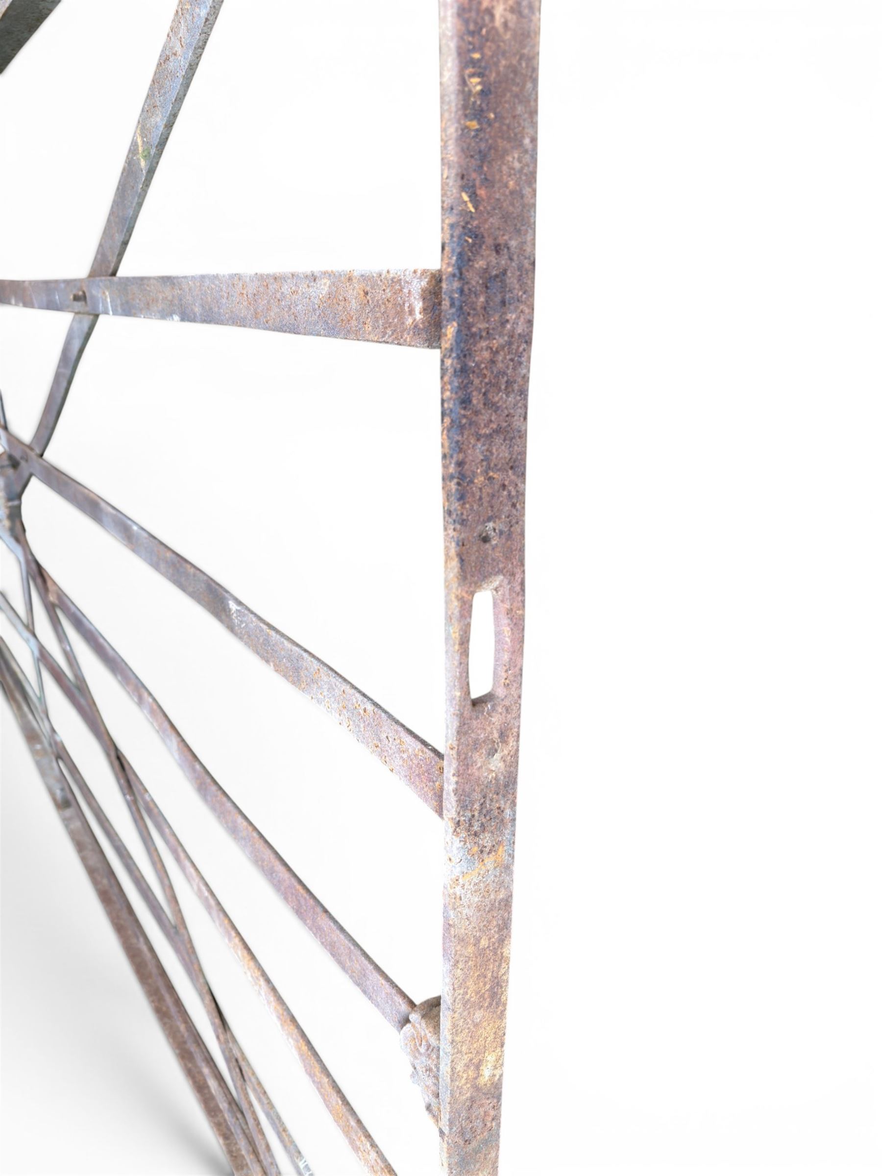 19th century Regency design painted wrought iron country estate gate, strapwork detail with five cast motifs, stamped W & J Rodenhurst, Drayton