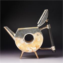 Manner of Christopher Dresser (1834-1904) - two art deco design silver plated teapots, of circular and square form with vacant centre, ebonised handles, each marked and with registration mark, max H18cm (2)