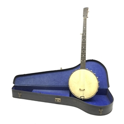  Windsor Popular Model 3 five-string banjo, impressed mark and maker's label and retailer's plaque for 'Leonard Dews 10 Euston Street also 43 Market Street, Blackpool', L89cm, in carrying case  