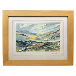 Pamela Barton (British Contemporary): 'Landscape Above Malham', watercolour signed and titled 31cm  x 50cm