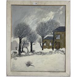 Essar (Northern Naive British Mid-20th century): Snowy WInter Landscape with Trees, oil on board signed 72cm x 59cm