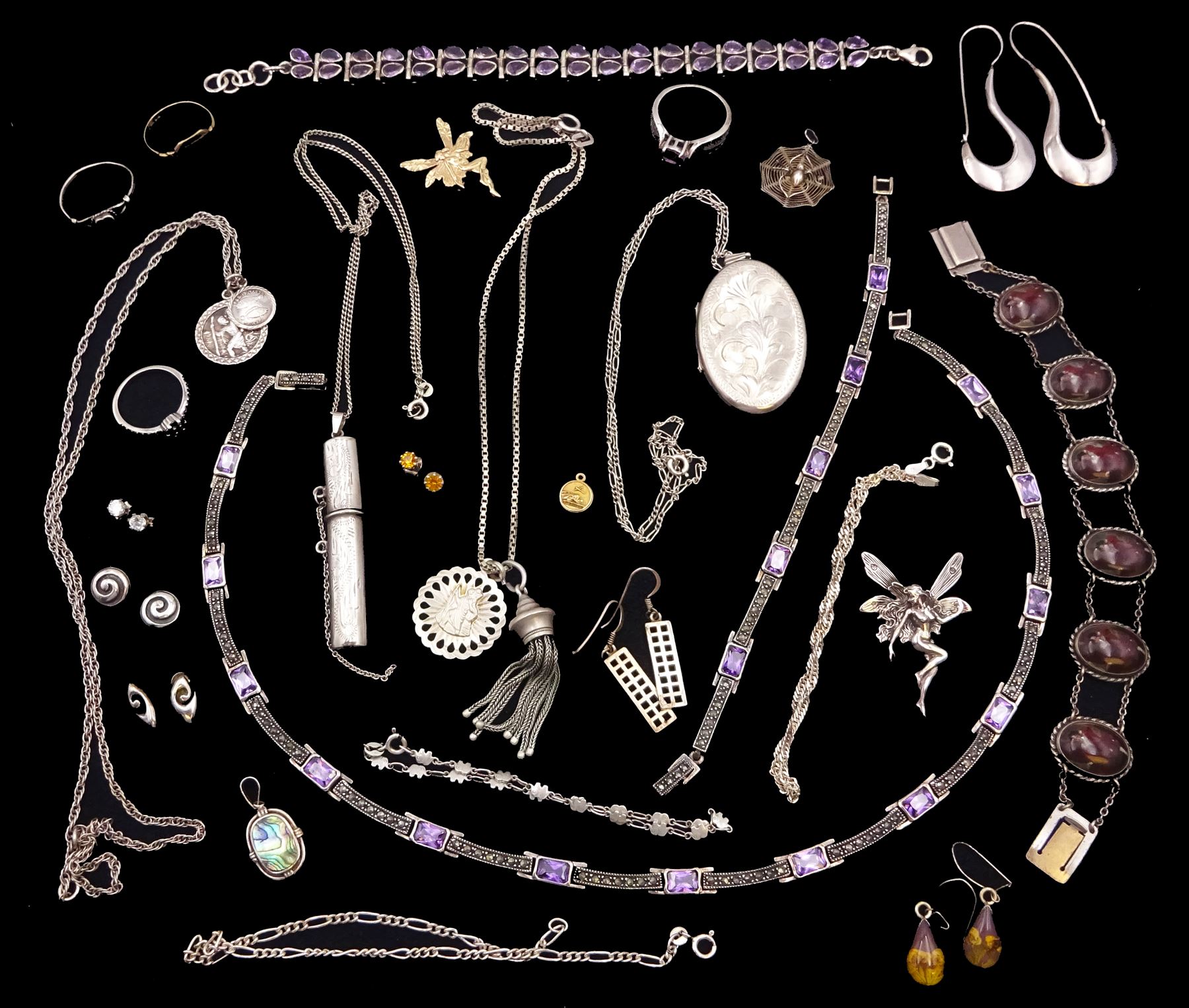 Gold fairy brooch, gold St Christoper's charm and  gold signet ring, all hallmarked 9ct, silver and stone set silver jewellery including amethyst bracelet, marcasite amethyst ring, marcasite and purple stone set bracelet and necklace, pairs of earrings, bracelets and a fairy brooch