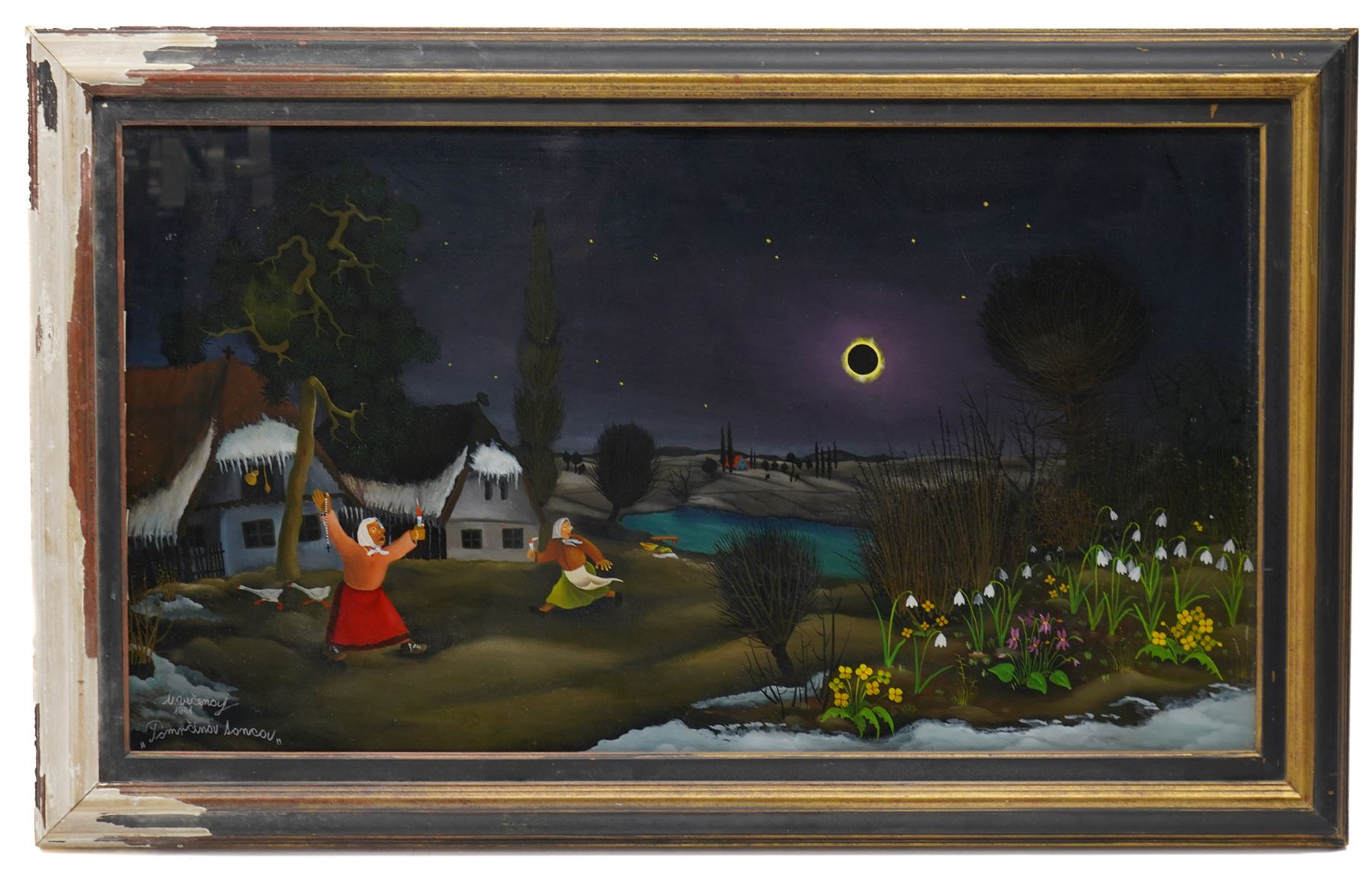 Ivan Večenaj (Yvan Vecanaj) (Croatian 1920-2013): 'Eclipse of the Sun', glass painting signed titled and dated 1961, 44cm x 79cm
