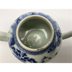 Two late 18th/early 19th century Chinese export teapots, the largest example of globular form with curved handle and straight spout, decorated in the Mandarin style with figural scenes surrounded by red scale reserves, H13.5cm, the second smaller example decorated in underglaze blue with two musicians in a landscape set with willow tree and fence, H10.5cm

