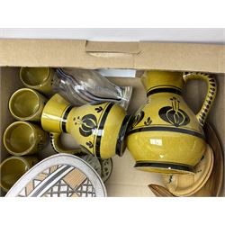 Burleighware jug, two Austrian ceramic jugs with retro print, with similar coffee cans and preserve pot, Duchess Violetta pattern tea wares, EPNS and other metal flatware and a collection of other ceramics and glassware, etc, in two boxes 