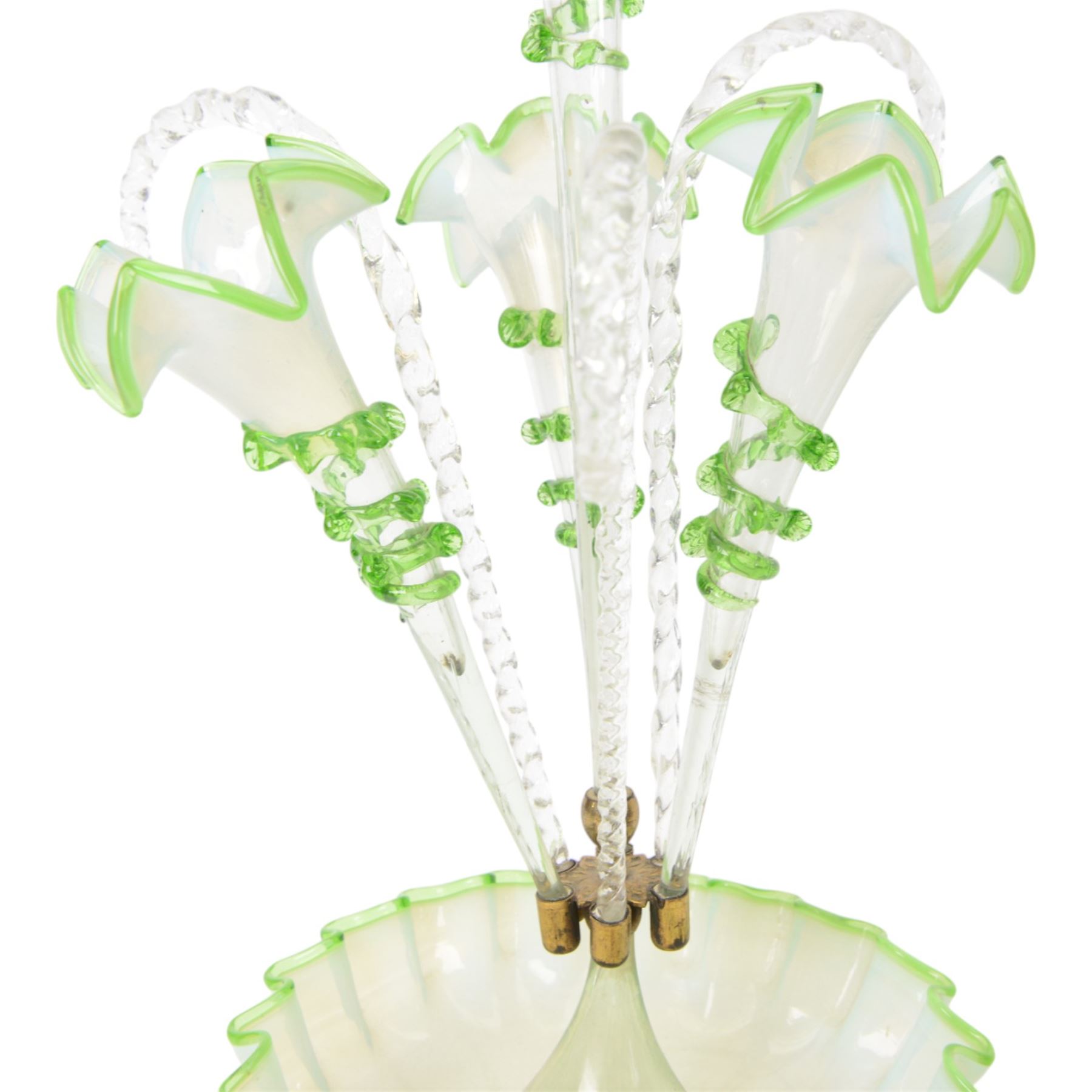 Victorian vaseline glass three basket epergne, H55cm