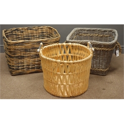  Two rectangular wicker baskets (W65cm, H44cm, D56cm, maximum measurement), and one circular basket with carrying handles, (D53cm, H46cm)  