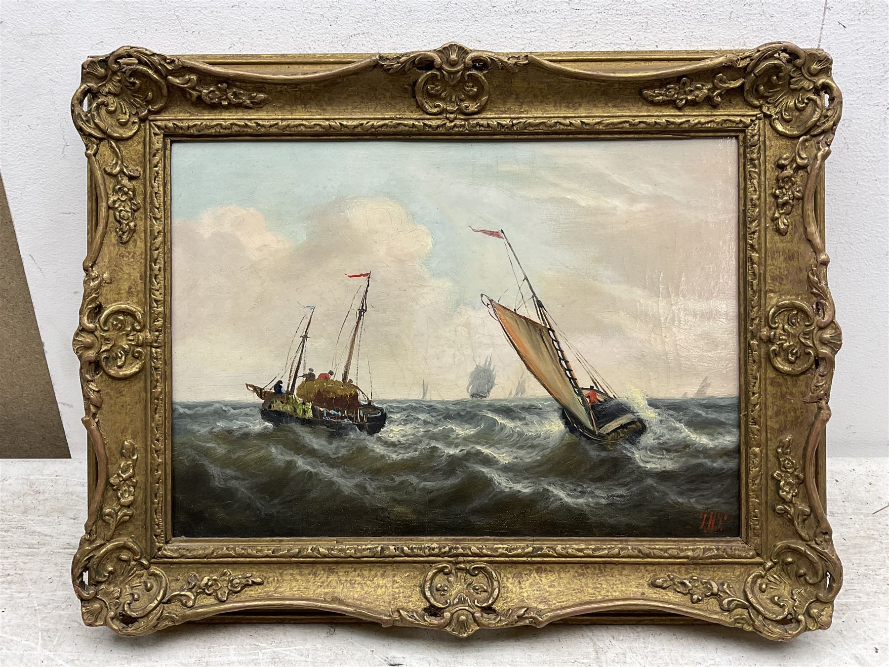 Dutch School (19th/20th Century): Ships Caught in a Storm, oil on canvas indistinctly signed with initials *HP 24cm x 34cm