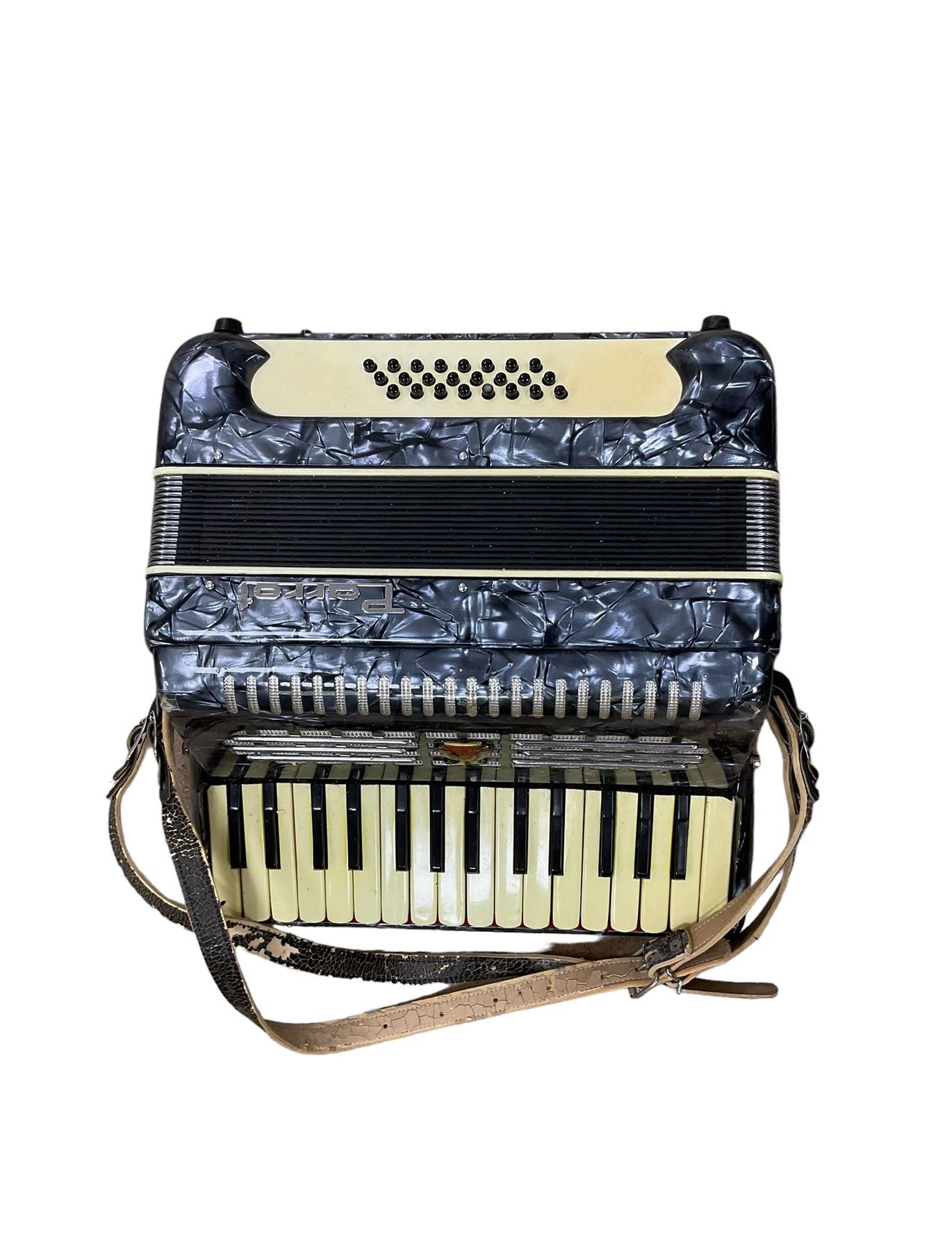 Parrot- Chinese accordion, with 30 treble keys and 24 bass buttons, 14 fold bellows. In a velvet lined hard case.