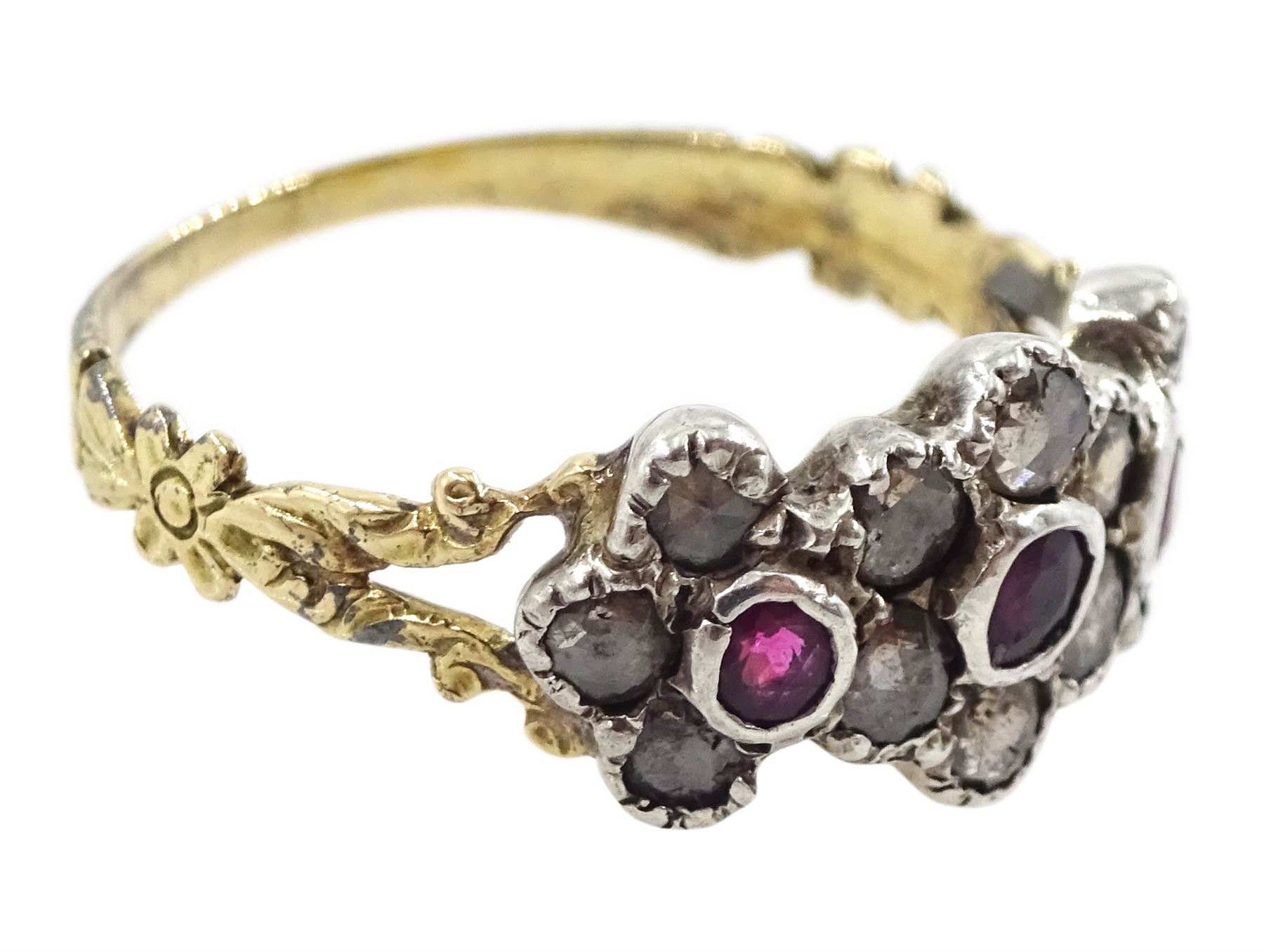 19th century 14ct gold and silver ruby and rose cut diamond flower head cluster ring, with foliate design shoulders