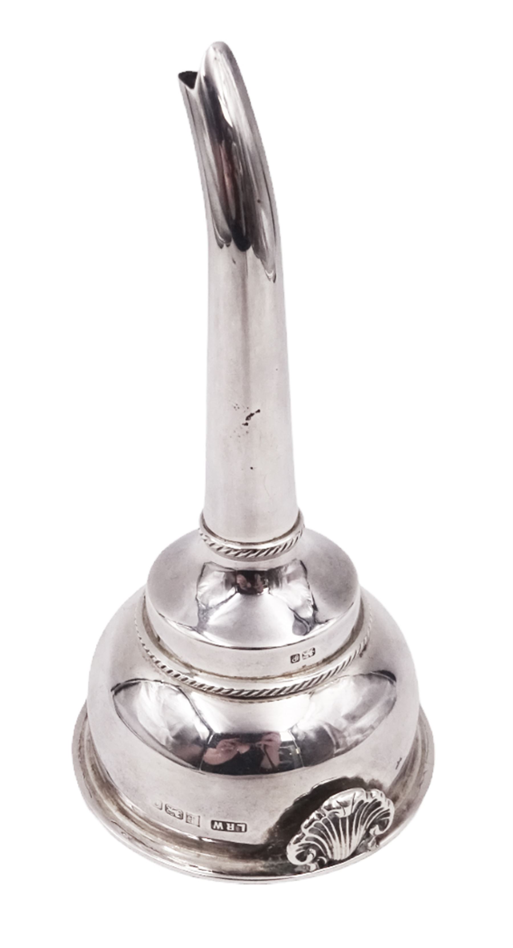 Modern silver wine funnel, of typical form, with oblique gadrooned rim, and shell decoration, hallmarked Laurence R Watson & Co, Birmingham 1989