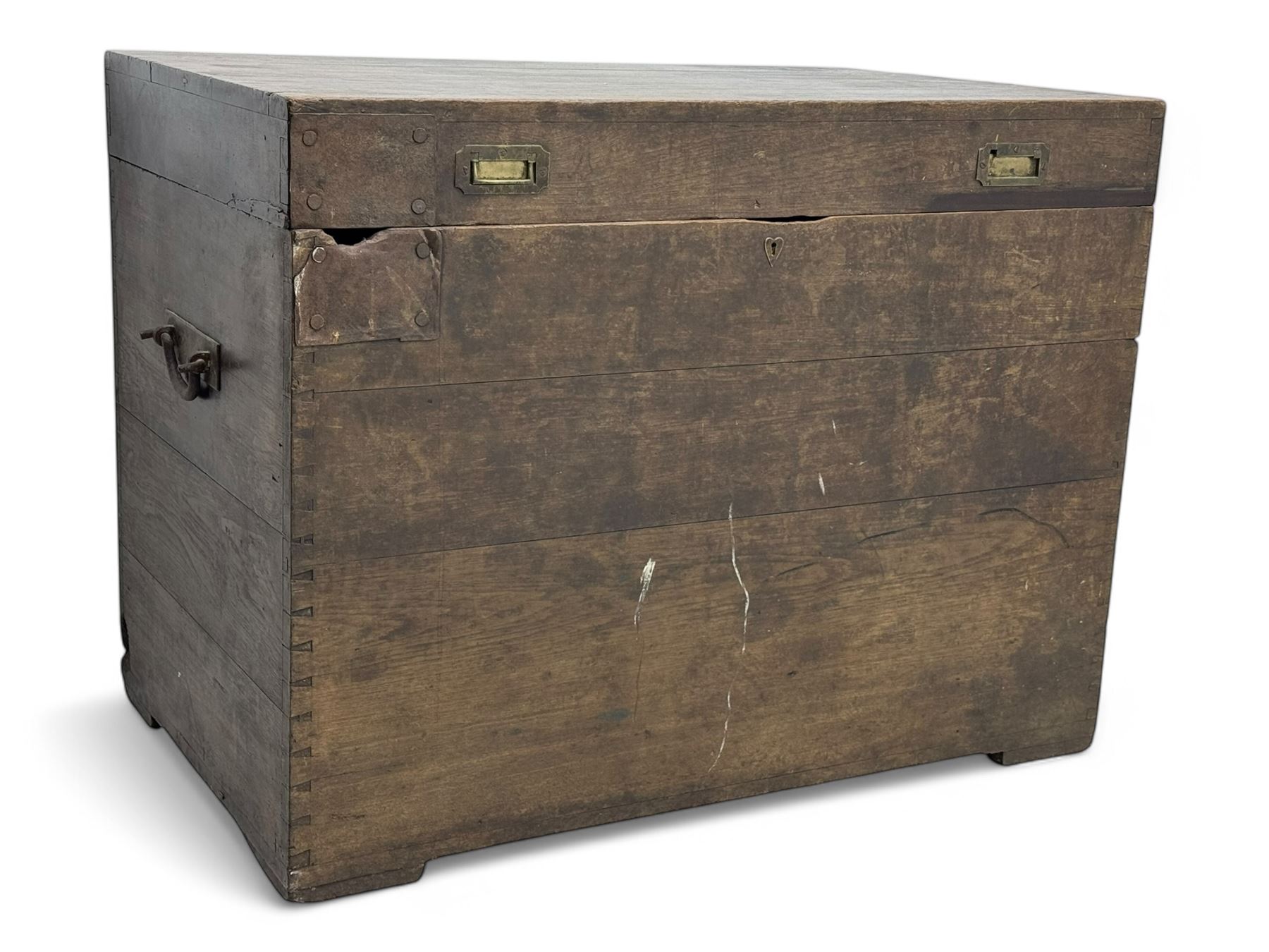Early 20th century oak blanket chest, of rectangular form with iron strap hinges and surface-mounted drop handles, the interior fitted with iron lid stays, on bracket feet