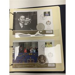 Stamp and coin covers, including 2006 'Her Majesty Queen Elizabeth II 80th Birthday' containing five pounds coin, first day covers relating to Diana Princess of Wales etc, housed in a ring binder folder