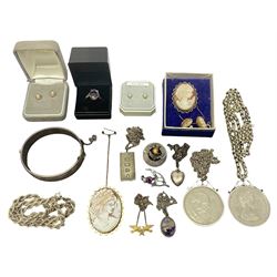 9ct gold jewellery including cameo brooch, cameo stud earrings and two pairs of pearl stud earrings, together with silver jewellery including Blue John ring and pendant, ingot, chains, bangle, etc 