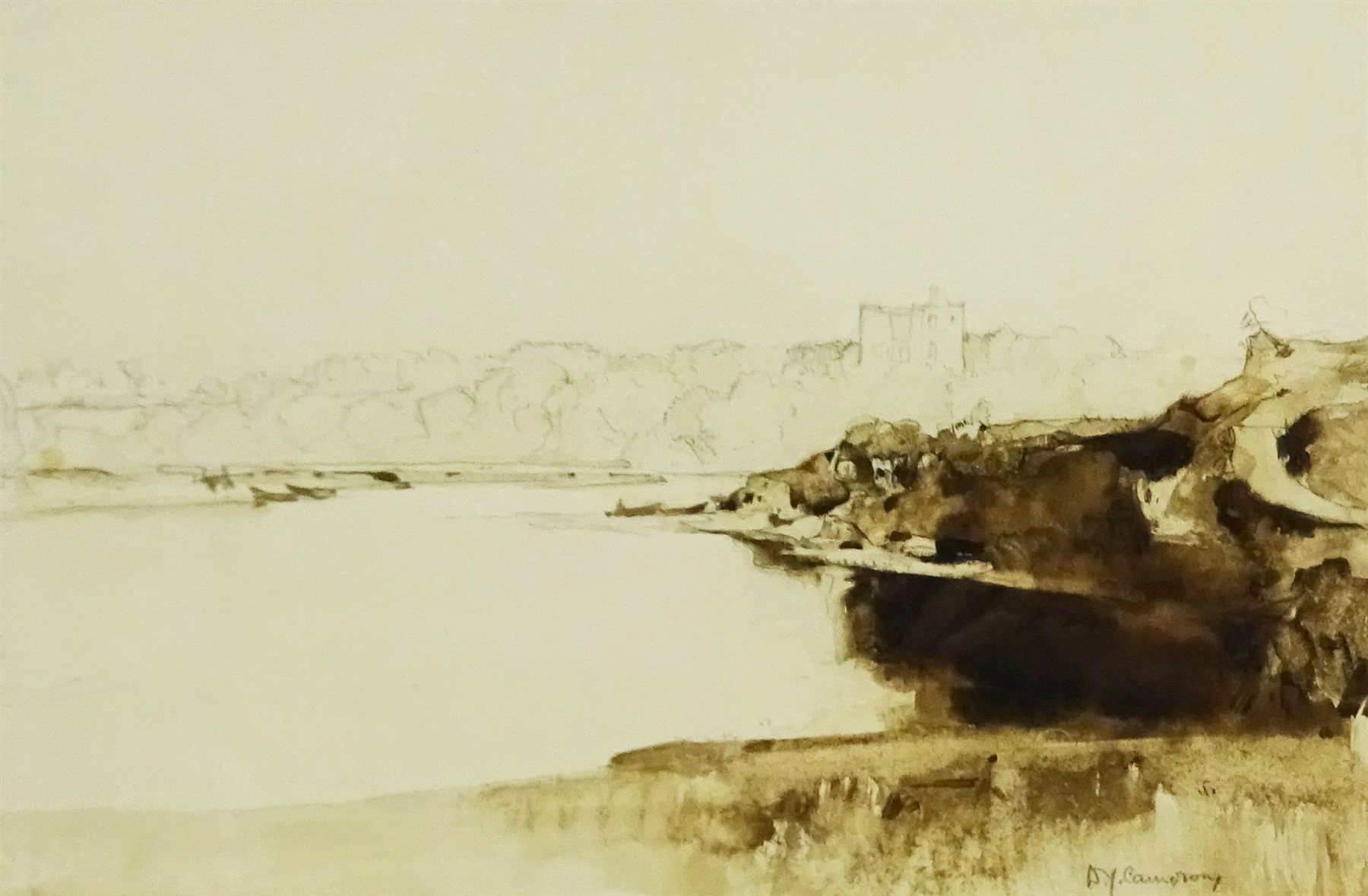 Sir David Young Cameron RA (Scottish 1865-1945): Castle and Loch, pencil and sepia wash signed 23cm x 35cm