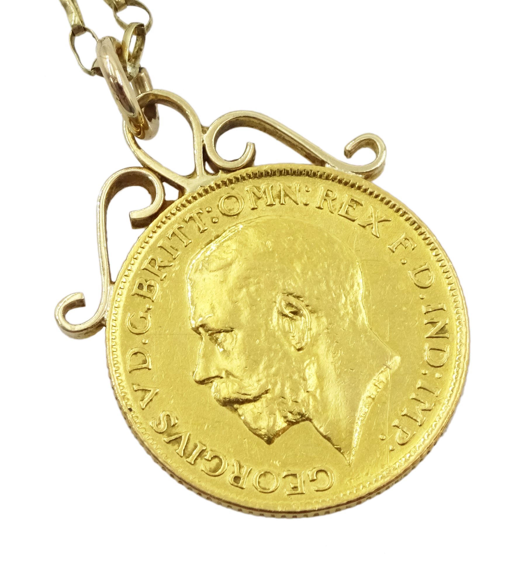 King George V 1913 gold full sovereign coin, soldered mount, on 9ct gold necklace