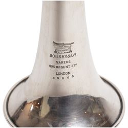 Boosey & Co. (295 Regent Street London) - Late Victorian silver plated sectional coaching horn of tapering form with flared bell, the mouthpiece stamped Vincent Bach Corp 7C surmounting the long tube with two ferrules, stamped to the bell with serial no. 39065, L128cm; with associated leather sleeve case