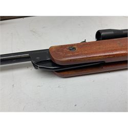 BSA Meteor .22 air rifle with break barrel action and 4 x 20 telescopic sight L105cm; in scratch built wooden carrying case
